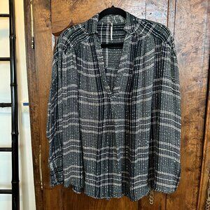 Free People Cozy Nights Plaid Shirt - Charcoal and Ivory, Women's XS